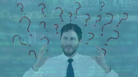 Confused Businessman Analyzing Complex Data with Question Marks Overlay