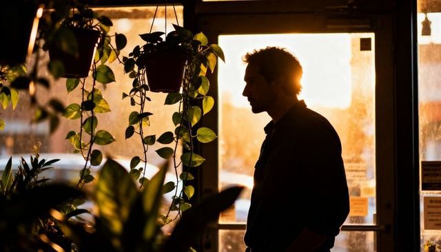 Backlit male silhouette standing in plant shop with hanging vines and golden sunset