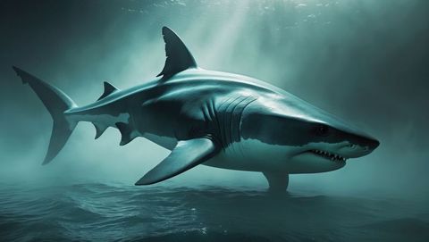 Majestic megalodon shark floating above ocean floor