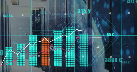 Digital Data Processing on Server Racks Displaying Analytics