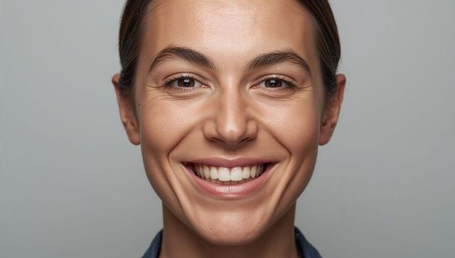 Smiling professional woman wearing collared blue top showing dimples and bright smile