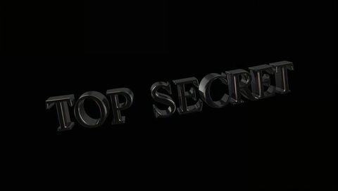 Floating glossy top secret lettering in dark minimal 3d metallic typography