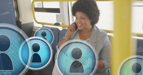 African american woman connecting socially on public transport