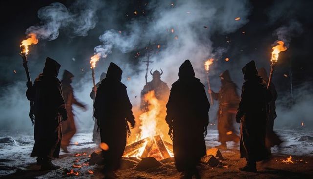 Hooded figures circling bonfire at night holding torches surrounding horned leader in snow