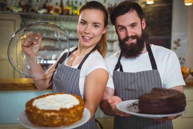 Smiling waitstaff holding cakes in a cafe, showcasing delicious desserts. Ideal for use in marketing materials for cafes, bakeries, and restaurants, highlighting customer service and delicious offerings. Perfect for promoting small businesses, culinary arts, and hospitality services.