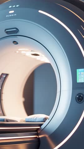 MRI Gantry Lights Glowing Vertical Clip Showing Patient Table Advancing During Scan Prep