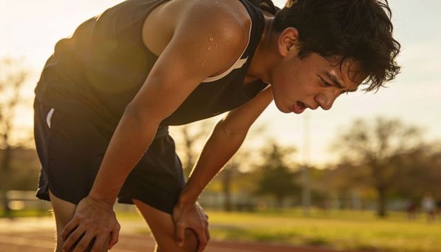 Exhausted young runner catching breath on track at golden hour after sprint