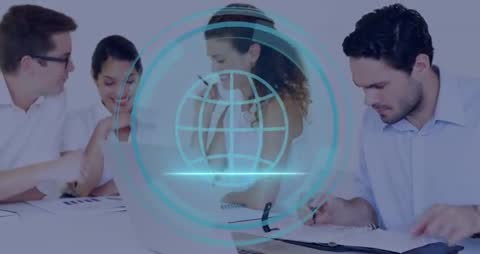 Team Collaborating and Assessing Cyber Risk with Futuristic HUD Globe Overlay