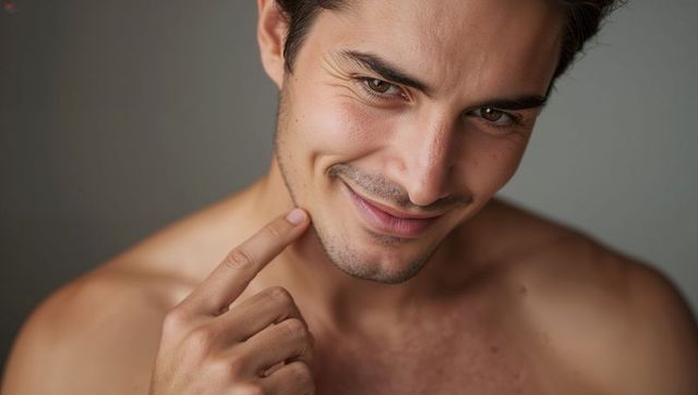 Confident smiling male portrait touching cheek bare chest warm soft studio light