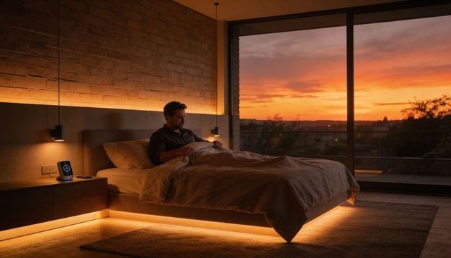 Man sitting on modern floating bed at sunset with warm ambient led lighting and smart display