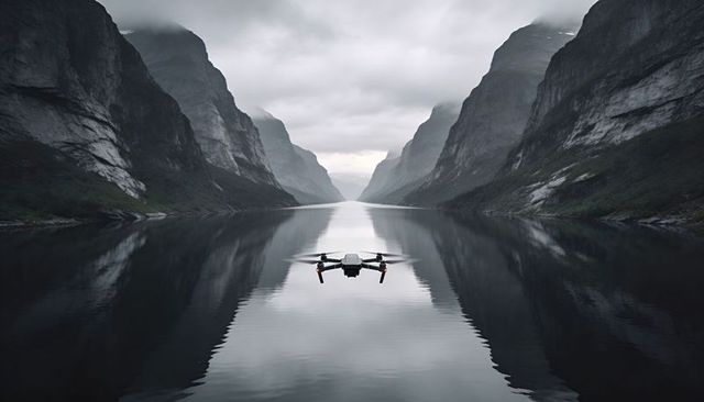 Drone hovering over mirror-calm fjord between misty cliffs creating symmetrical reflection