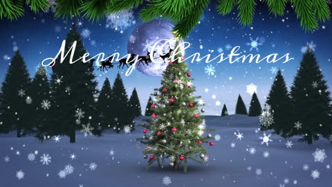 Snowy Christmas Eve with Illuminated Tree in Winter Wonderland