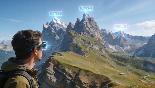 Hiker using ar glasses scanning alpine peaks and trails, revealing navigation labels