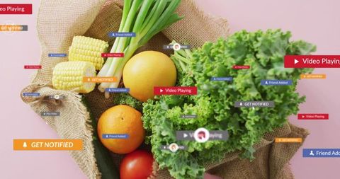Colorful produce flat lay with oranges, corn and kale on pink background with UI badges