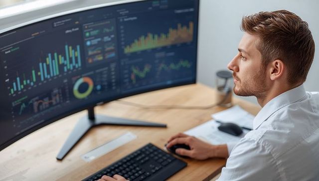 Business analyst analyzing financial dashboards on ultrawide curved monitor at modern desk