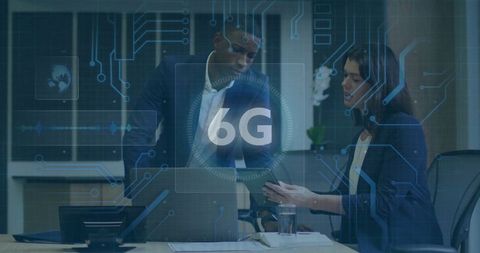 Business team discussing 6g technology innovations in office