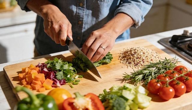Home cook chopping cilantro on wooden board with colorful vegetables and quinoa