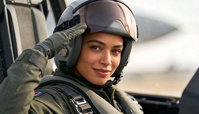 Female Pilot Saluting in Cockpit Wearing Flight Helmet and Olive-Green Flight Suit