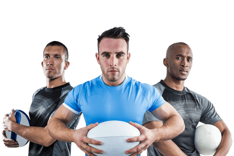 Diverse male rugby players with rugby balls on transparent background