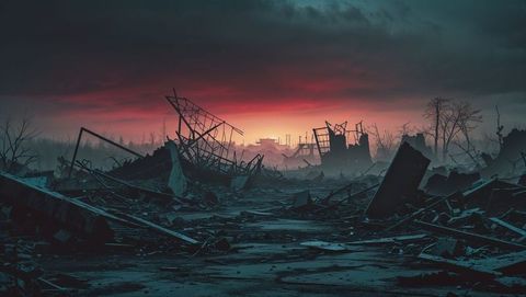 Eerie Post-Apocalyptic Landscape with Collapsed Structures