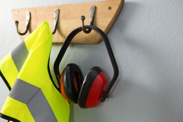High visibility vest and earmuffs hanging on a wooden hook against a grey wall. Ideal for illustrating workplace safety, industrial environments, construction sites, and occupational health. Useful for safety training materials, workplace organization tips, and personal protective equipment promotions.