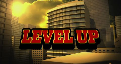 Level up text overlay on virtual cityscape