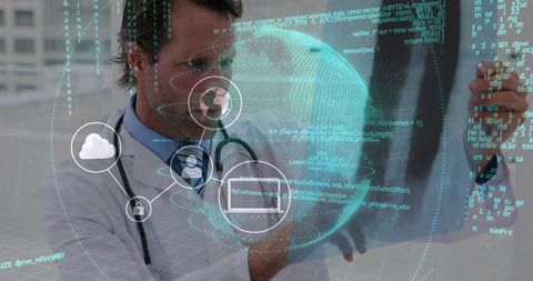 Doctor examining holographic globe with medical data overlay for telemedicine healthcare it