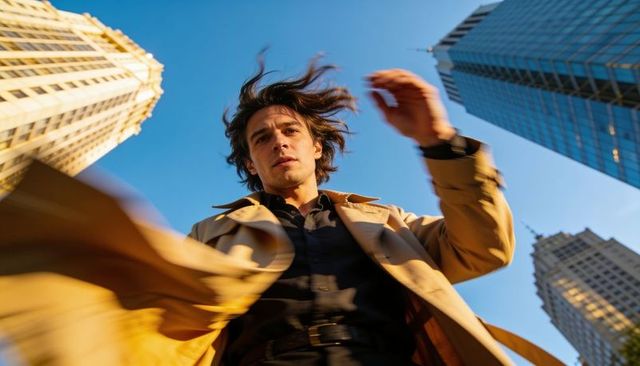 Windblown young man striding through sunlit downtown canyon wearing trench coat, motion blur