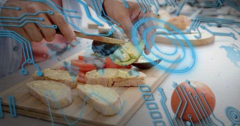 Placing avocado slices on toast with futuristic augmented reality hud and circuit overlay