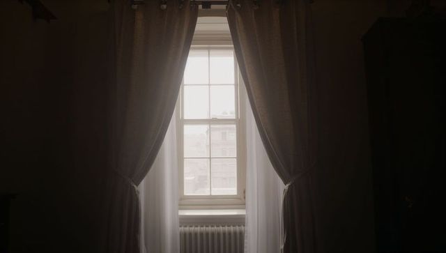 Moody Light Framing Sash Window with Heavy Drapes and Sheer Curtains Over Radiator