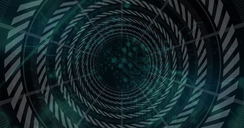 Futuristic digital vortex pulling eye into neon circuitry tunnel with chevron rings