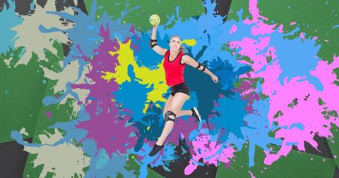 Dynamic Female Handball Player In Action with Vibrant Colors