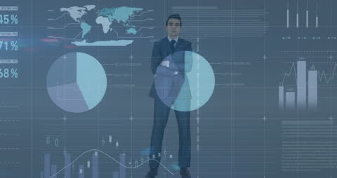 Confident Businessman with Data and Analytics Holograms