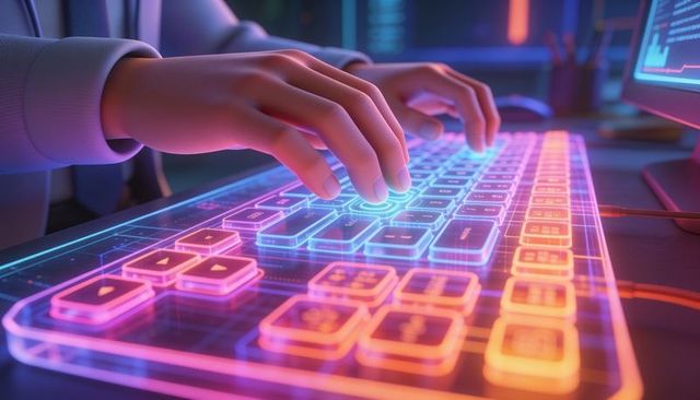 Typing hands on neon translucent rgb keyboard in cyberpunk coding workspace