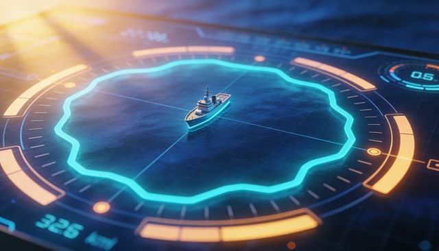 Tracking naval ship on futuristic radar hud neon cyan threat ring and data readouts