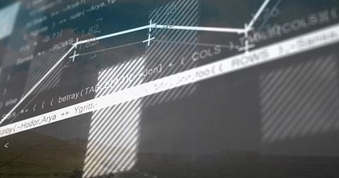 Translucent code and financial chart overlay over coastal landscape with data reflections