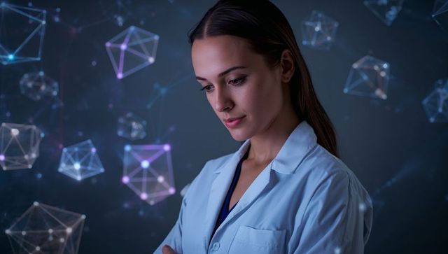 Female scientist wearing white coat studying holographic data visualization in futuristic laboratory