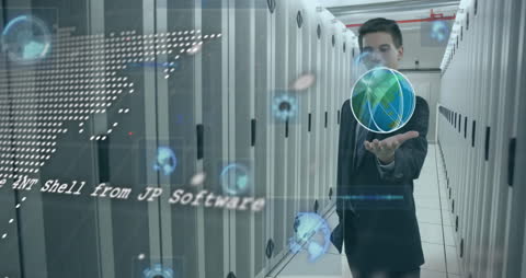 Businessman Viewing Holographic Interface in Data Center