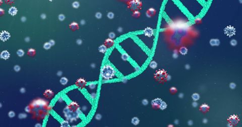 Dna strand with coronavirus particles highlighting pandemic concepts