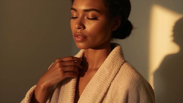 Sunlit serenity: woman in robe closing eyes with soft shadow silhouette