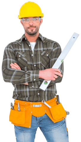 confident construction worker holding transparent level tool - Download Free Stock Videos Pikwizard.com