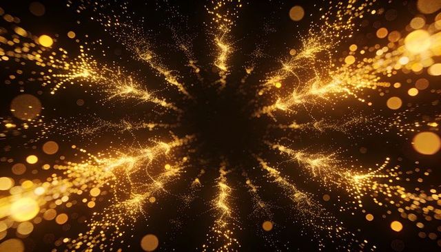 Radiant golden particle vortex forming central void with symmetrical light filaments