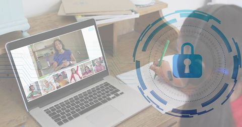 Child attending secure online class with teacher on laptop and cybersecurity lock overlay