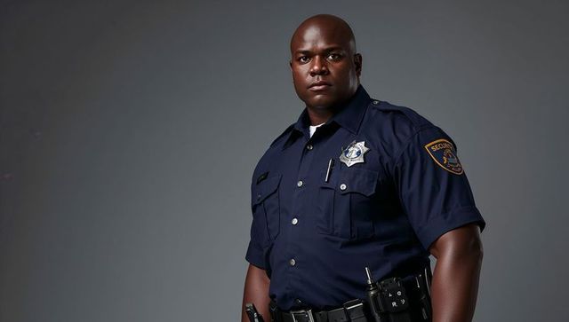 Confident security guard standing in uniform with duty belt and silver badge