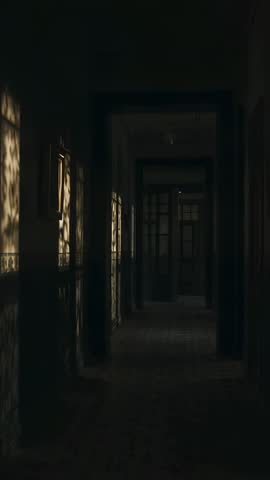 Vertical video panning down dark corridor revealing patterned sunlight through windows