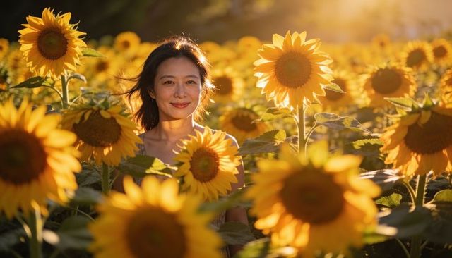 Backlit woman standing in sunflower field soaking up golden hour light, serene portrait
