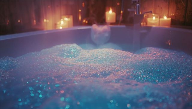 Foamy bathtub with candlelight creating relaxing atmosphere