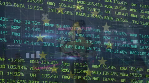 European Union Flag Overlaying Financial Trading Data