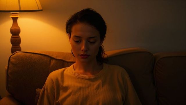 Contemplative woman sitting on sofa in warm lamp light, cozy evening interior portrait