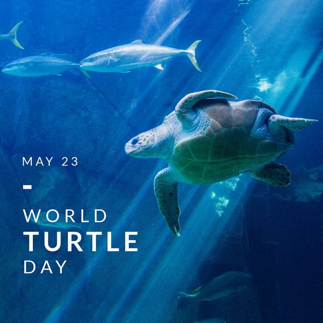 This image features a serene underwater scene with a turtle gracefully swimming, highlighted by a digital composite text for World Turtle Day. Ideal for use in educational campaigns, marine life conservation posters, social media awareness posts, and environmental celebration announcements. The transparent background offers ample space for additional custom text or branding.